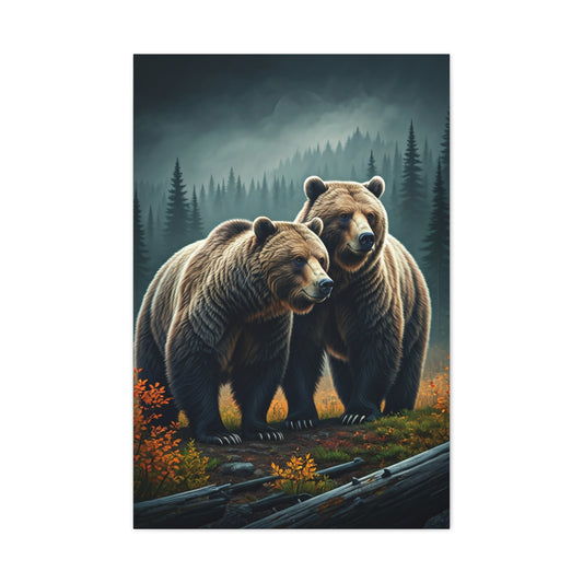 Twin Brown Bears in Misty Forest Wall Art & Canvas Prints