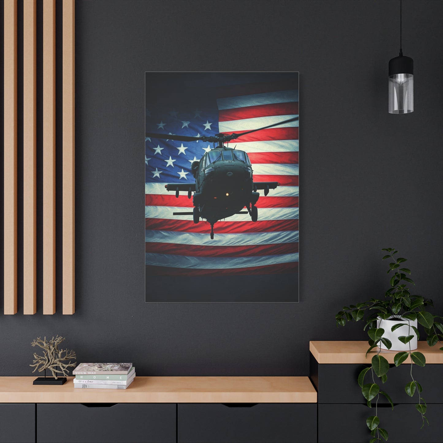 Helicopter Over American Flag Tribute Wall Art & Canvas Prints
