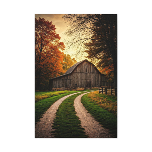 Autumn Barn Road at Golden Hour Wall Art & Canvas Prints