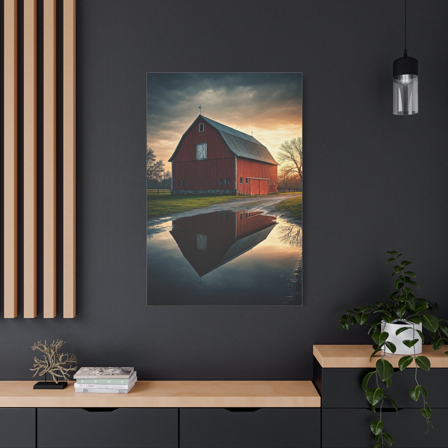 Reflected Red Barn at Dusk Wall Art & Canvas Prints