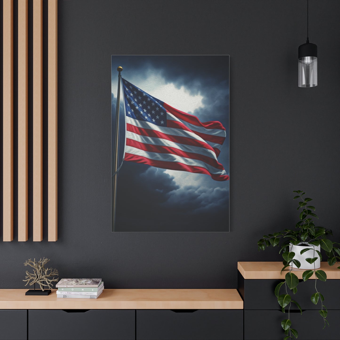 American Flag Against Stormy Skies Wall Art & Canvas Prints