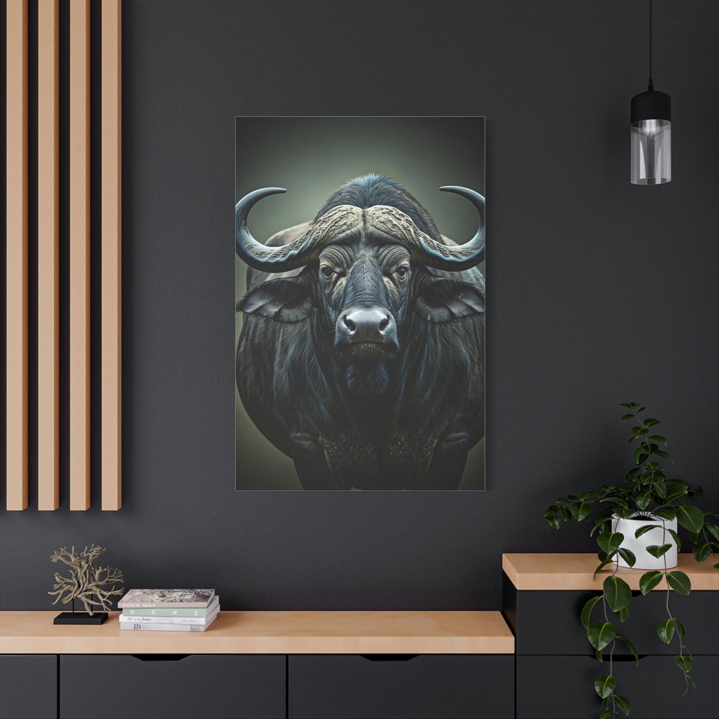 Dark Forest Buffalo with Dramatic Shadow Contrast Wall Art & Canvas Print