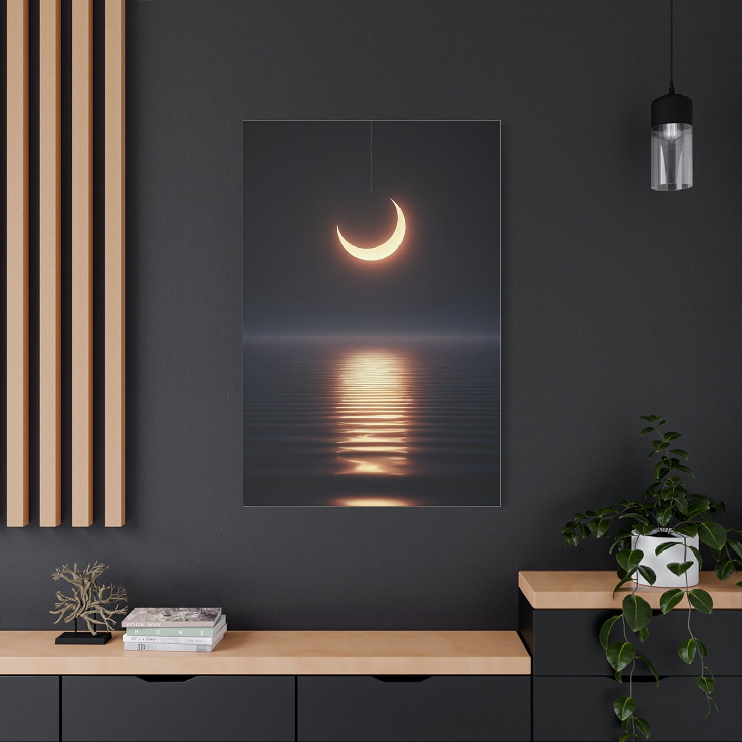 Crescent Moon Reflection Over Calm Water Wall Art & Canvas Prints