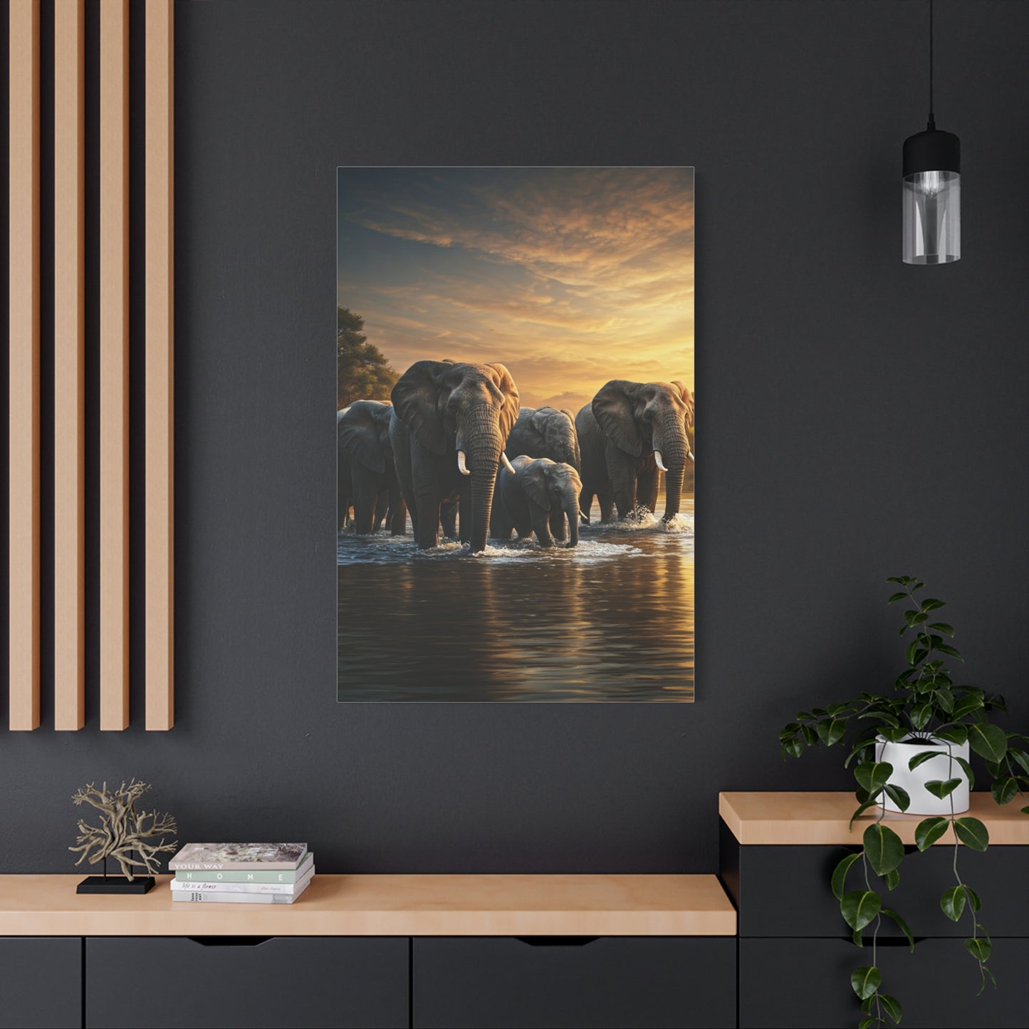 Elephant Family Crossing at Golden Dawn Wall Art & Canvas Prints