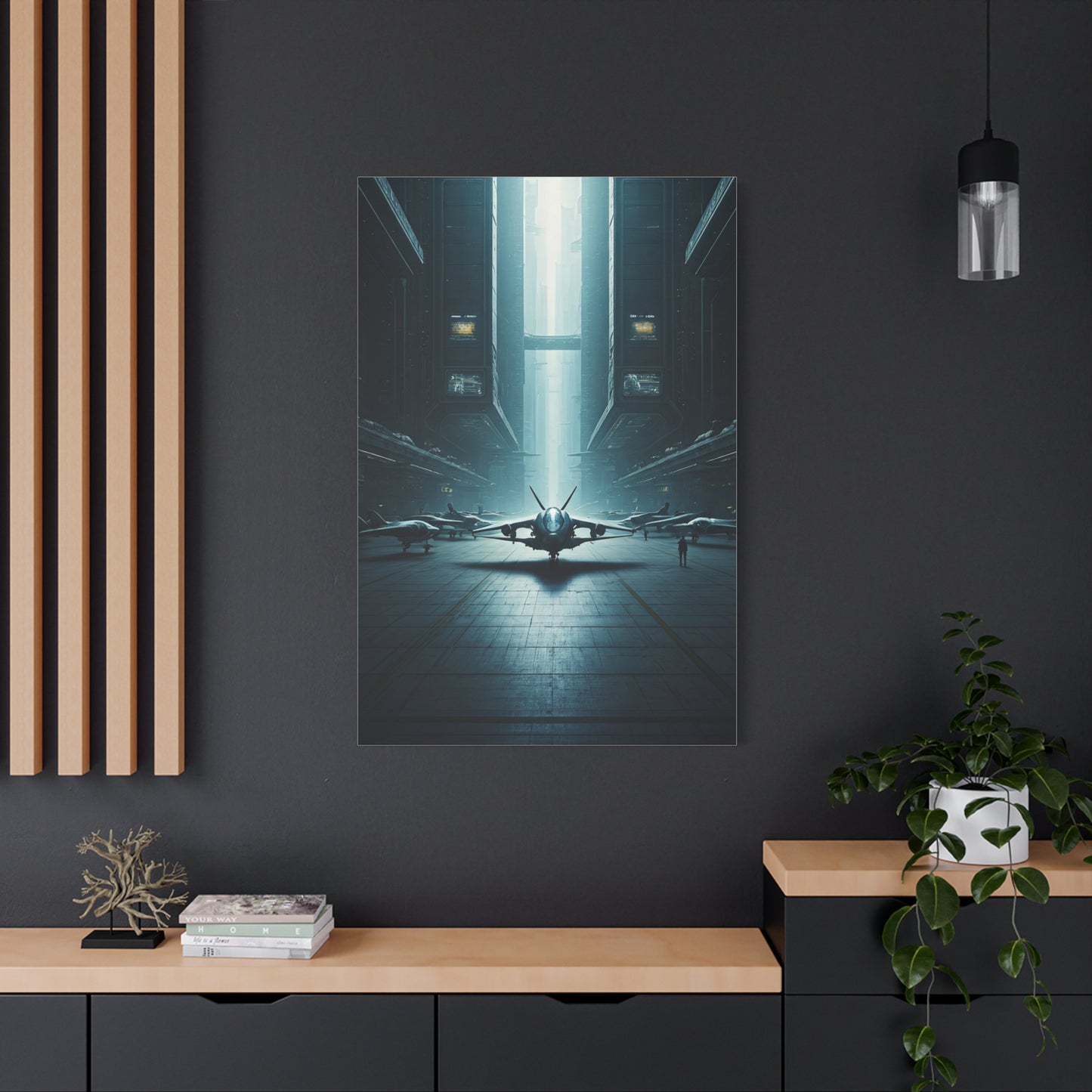 Futuristic Aircraft Hangar Scene Wall Art & Canvas Prints