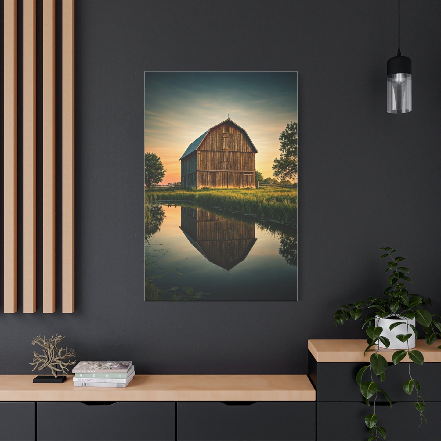Reflected Barn in Tranquil Waters Wall Art & Canvas Prints