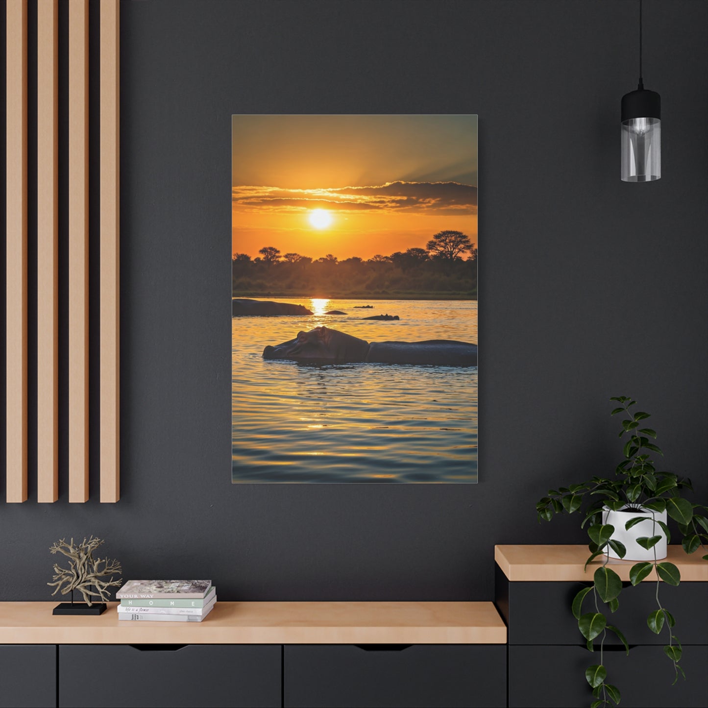 Hippo Resting at Sunset Waters Wall Art & Canvas Prints