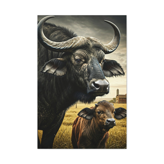 Cape Buffalo Herd Leader with Savannah Background Wall Art & Canvas Print