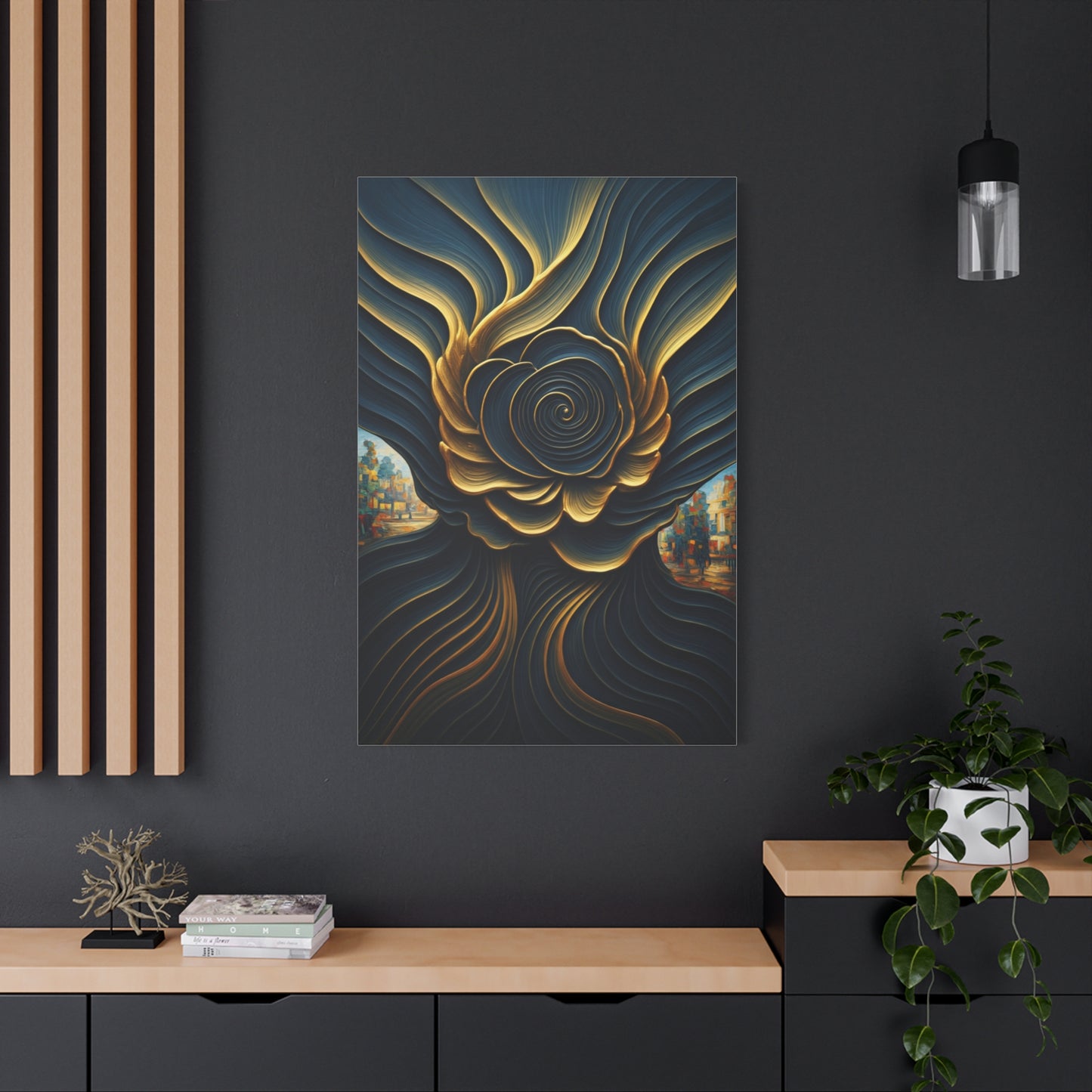 Golden Midnight Spiral Bloom Wall Art & Canvas Prints