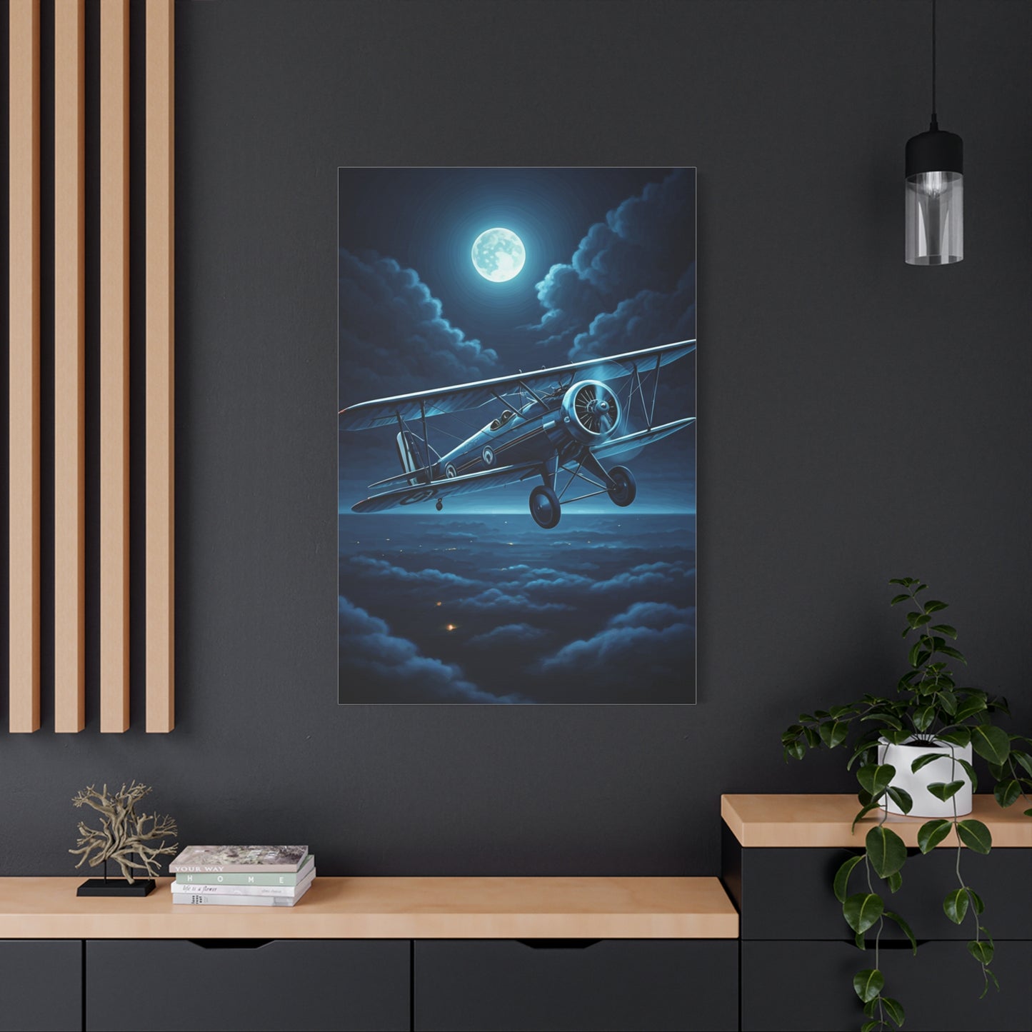 Moonlit Midnight Flight Biplane Wall Art & Canvas Prints