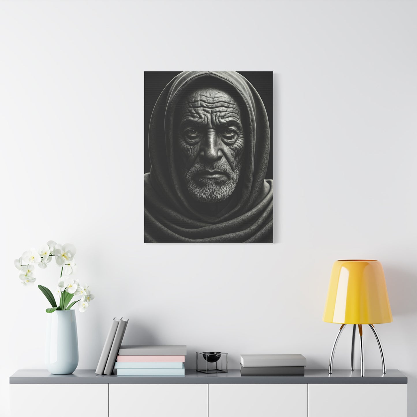 Hooded Elder with Timeless Expression Wall Art & Canvas Prints