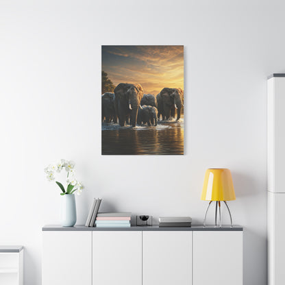 Elephant Family Crossing at Golden Dawn Wall Art & Canvas Prints