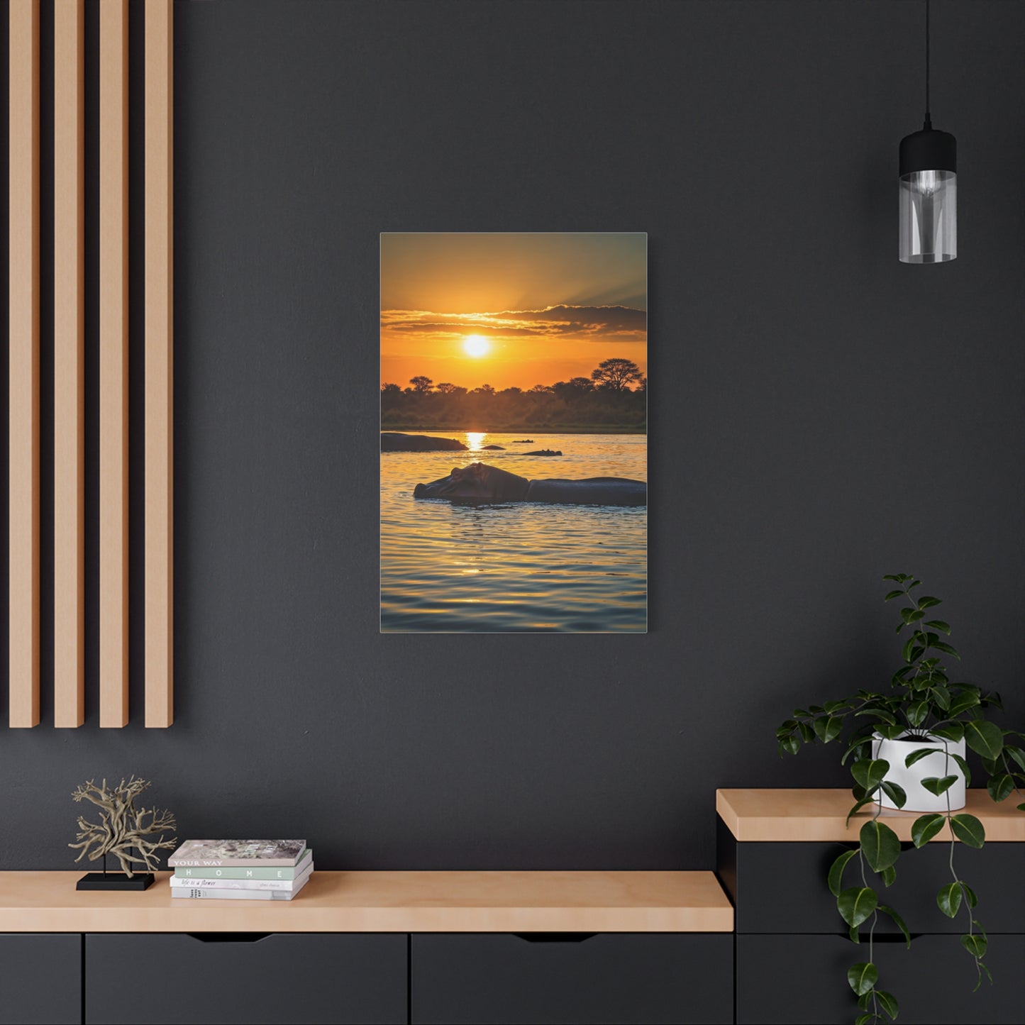 Hippo Resting at Sunset Waters Wall Art & Canvas Prints
