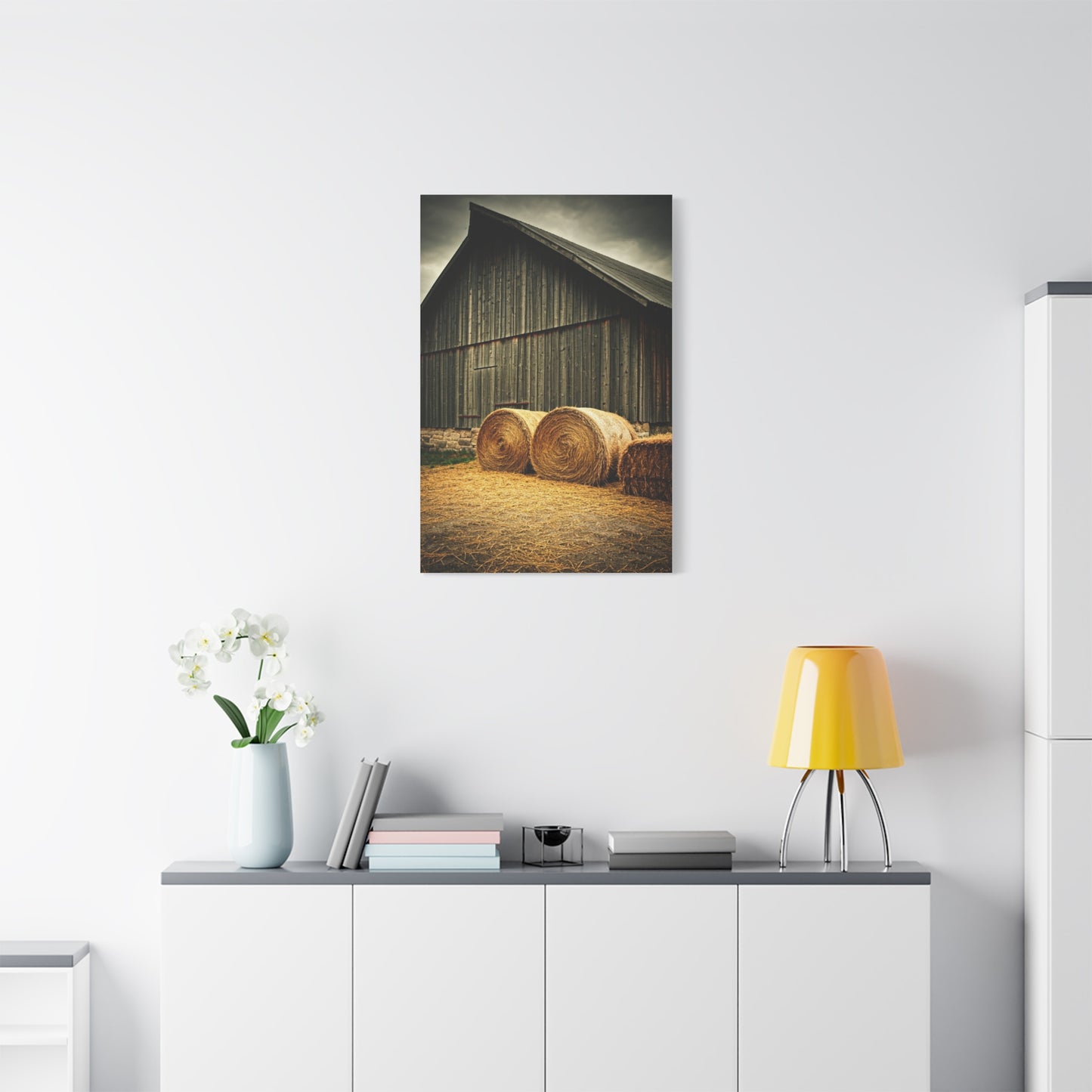 Hay Bales Resting by the Old Barn Wall Art & Canvas Prints
