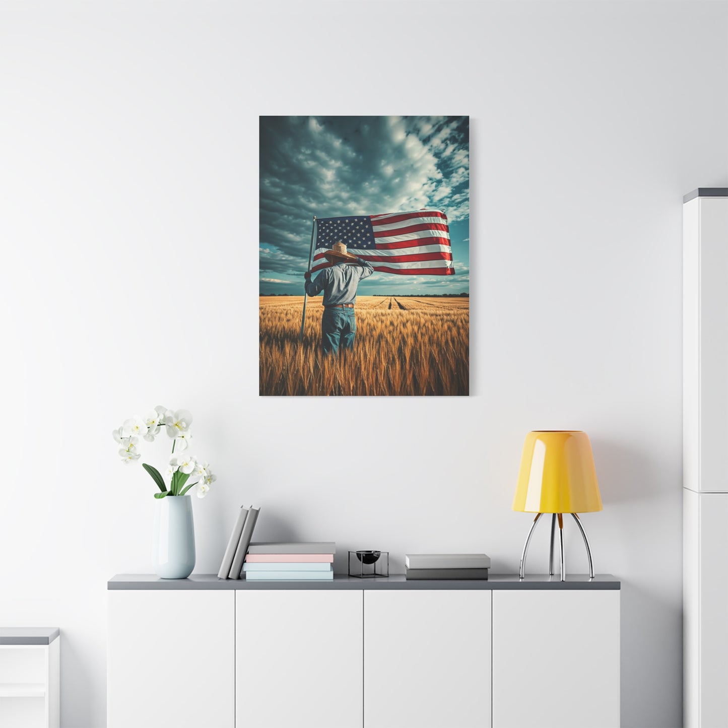 American Flag Over Golden Fields Wall Art & Canvas Prints