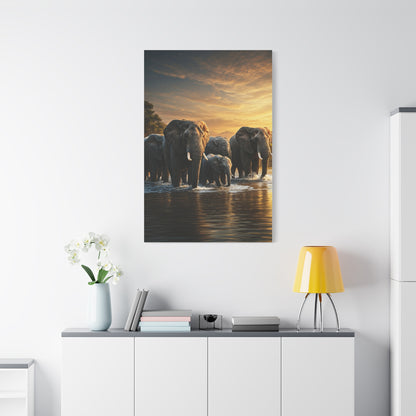 Elephant Family Crossing at Golden Dawn Wall Art & Canvas Prints