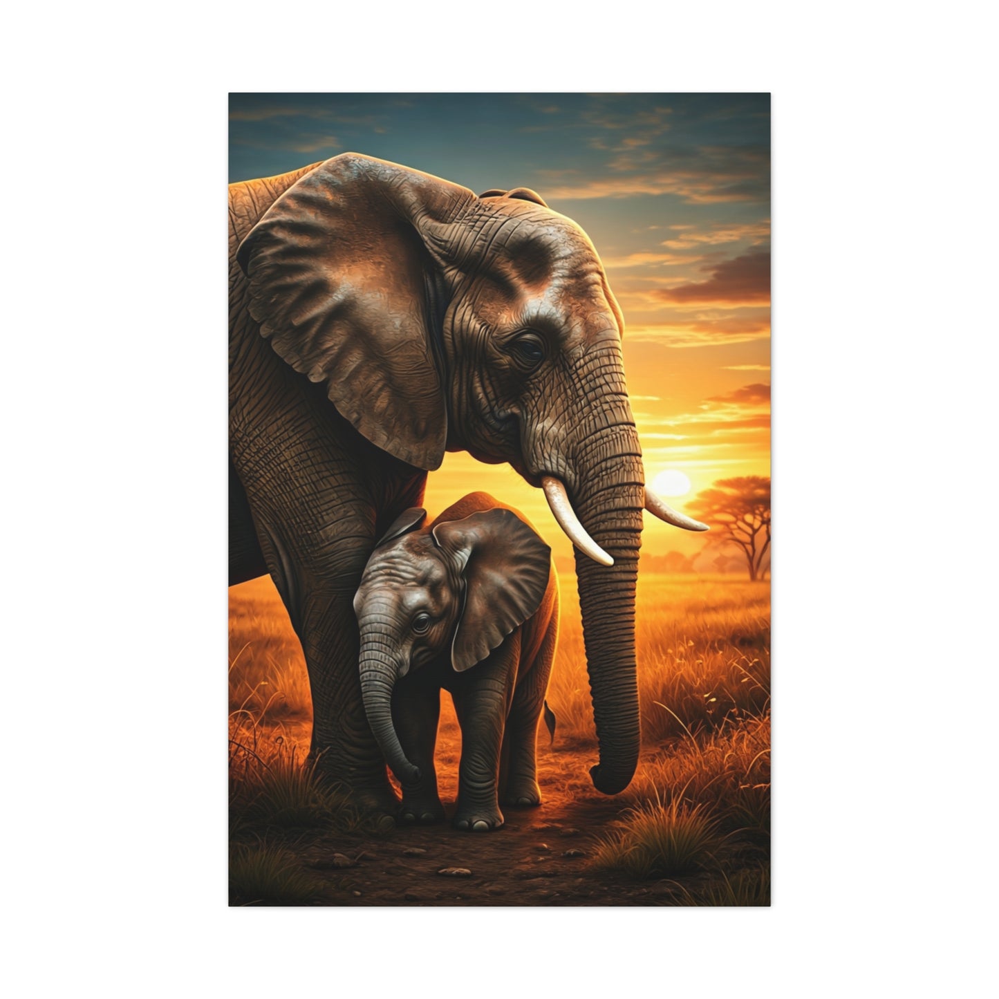 Elephant Mother and Calf at Sunset Wall Art & Canvas Prints