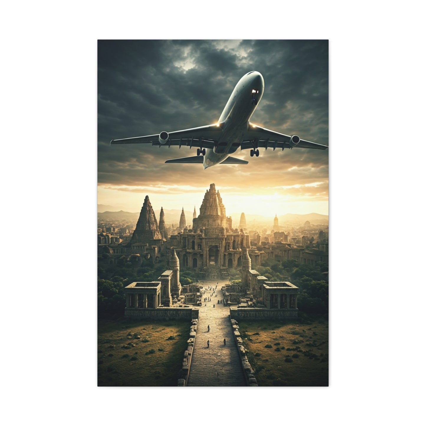 Airliner Over Ancient City Sunrise Wall Art & Canvas Prints