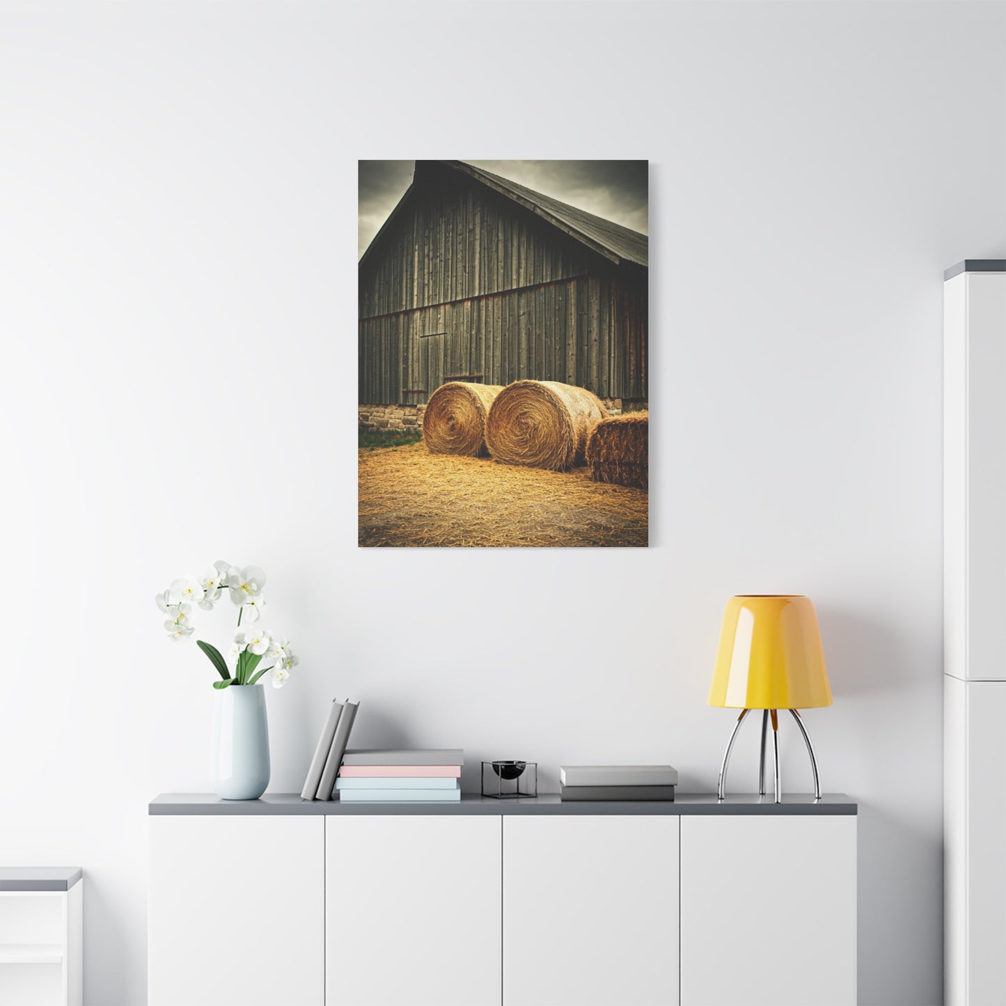 Hay Bales Resting by the Old Barn Wall Art & Canvas Prints