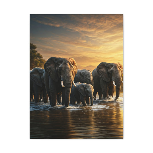 Elephant Family Crossing at Golden Dawn Wall Art & Canvas Prints