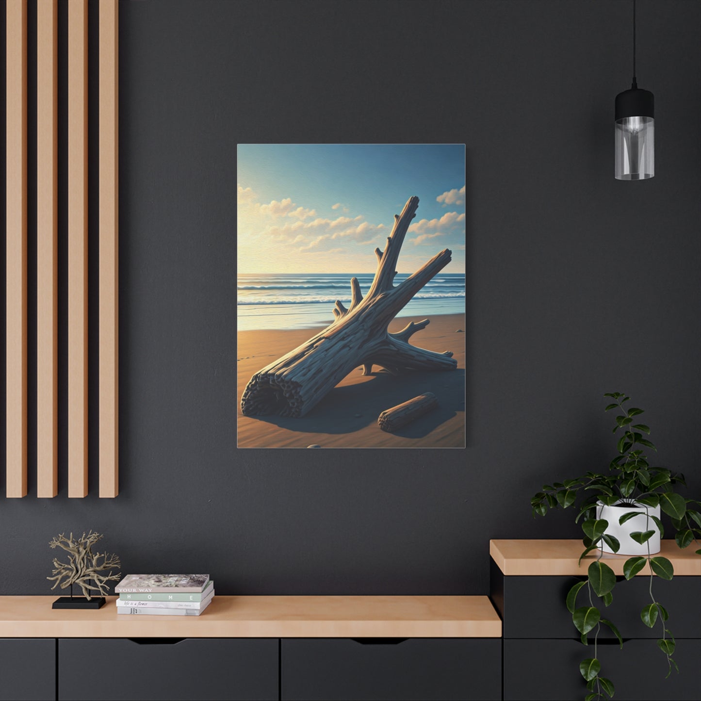 Driftwood Sculpture on Golden Beach Wall Art & Canvas Prints
