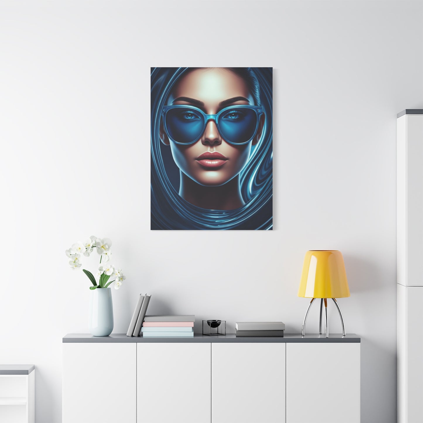 Futuristic Blue Portrait with Reflective Glasses Wall Art & Canvas Prints