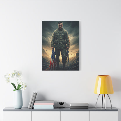 Soldier Standing With Flag of Courage Wall Art & Canvas Prints