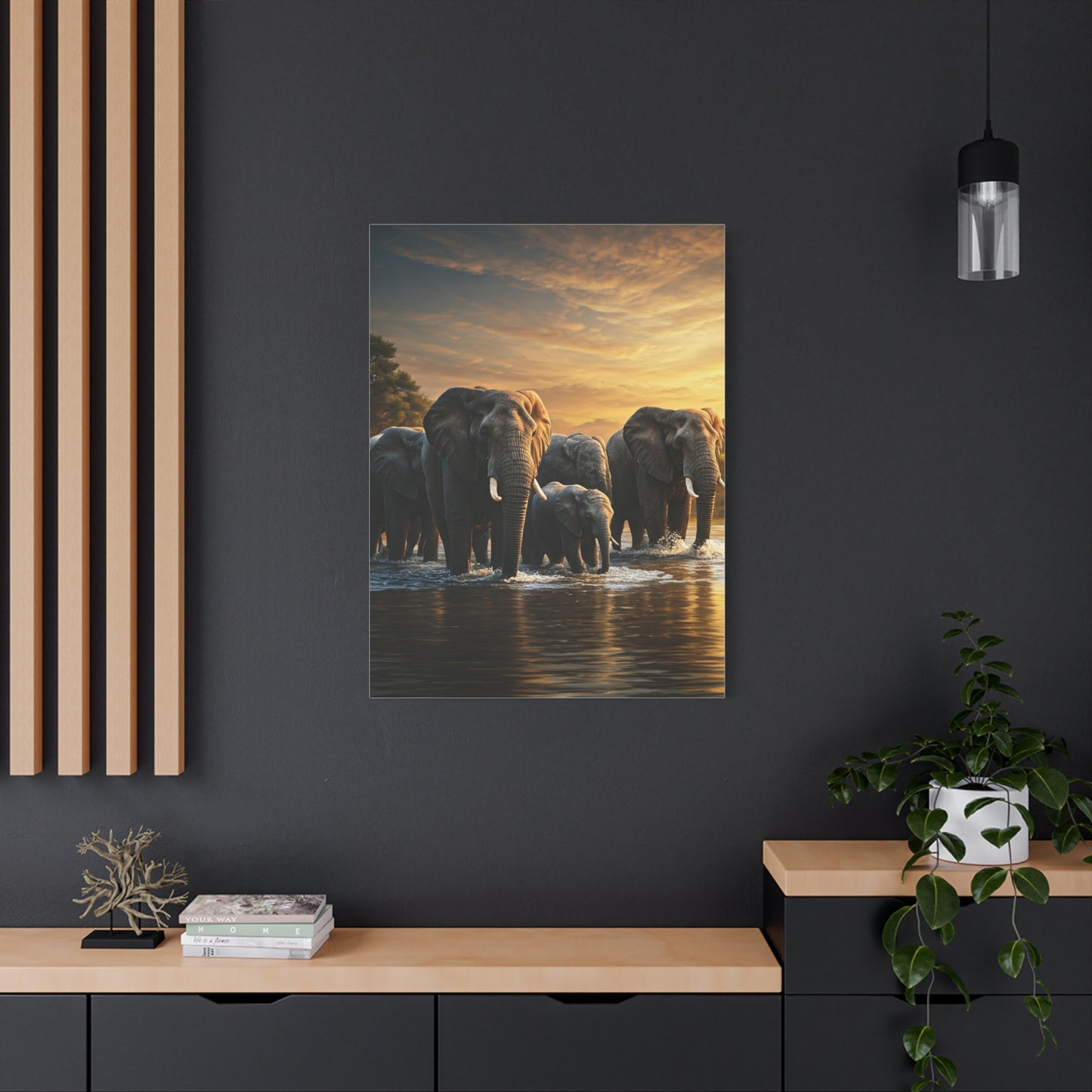 Elephant Family Crossing at Golden Dawn Wall Art & Canvas Prints