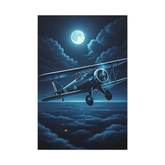 Moonlit Midnight Flight Biplane Wall Art & Canvas Prints