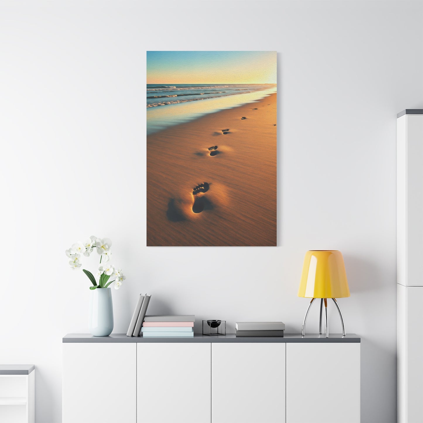 Golden Footprints in Sunset Sand Wall Art & Canvas Prints