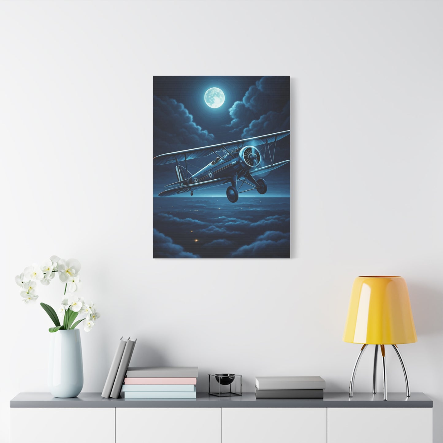 Moonlit Midnight Flight Biplane Wall Art & Canvas Prints