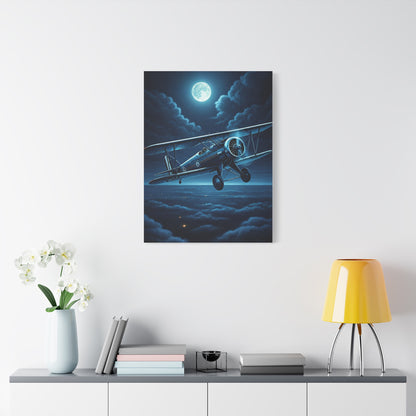 Moonlit Midnight Flight Biplane Wall Art & Canvas Prints
