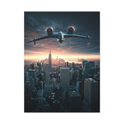 Futuristic Jet Over City Skyline Wall Art & Canvas Prints