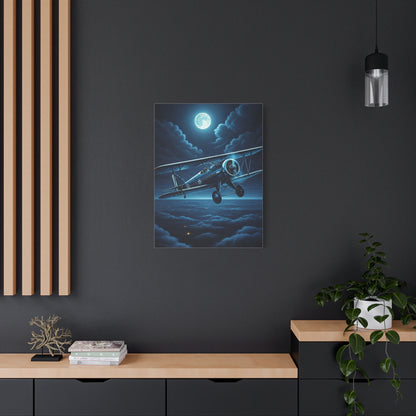 Moonlit Midnight Flight Biplane Wall Art & Canvas Prints