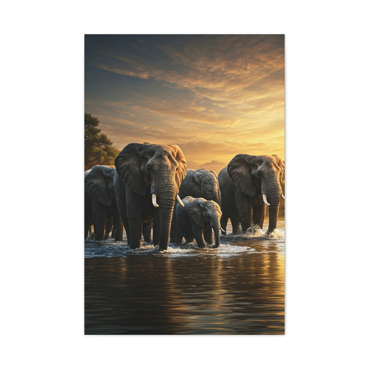 Elephant Family Crossing at Golden Dawn Wall Art & Canvas Prints