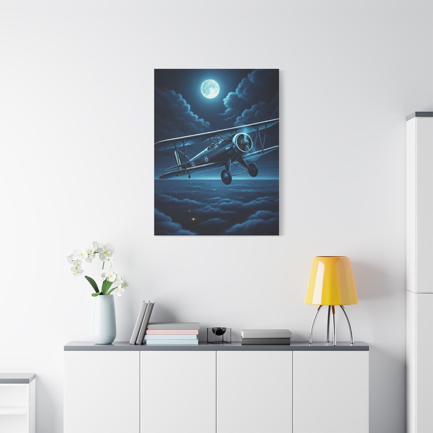 Moonlit Midnight Flight Biplane Wall Art & Canvas Prints