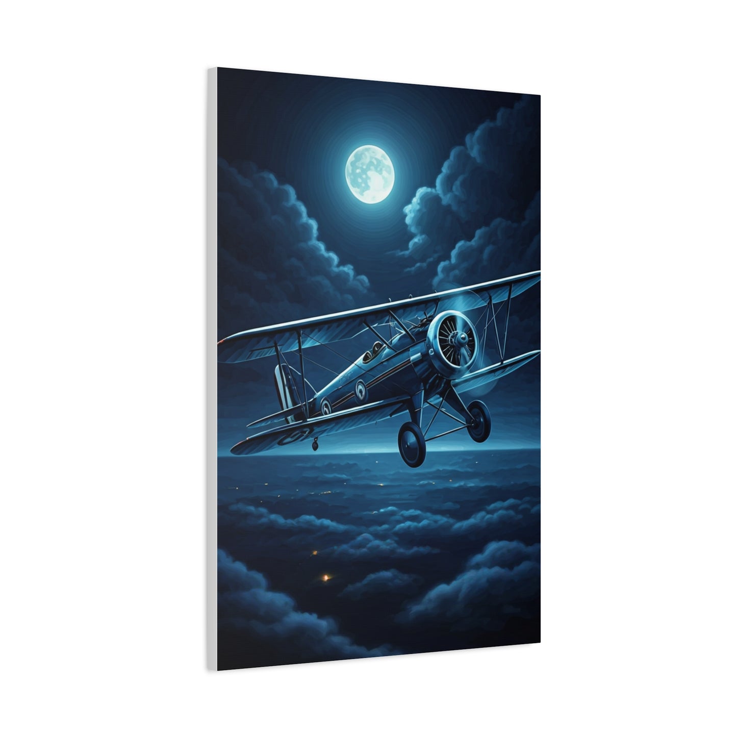 Moonlit Midnight Flight Biplane Wall Art & Canvas Prints