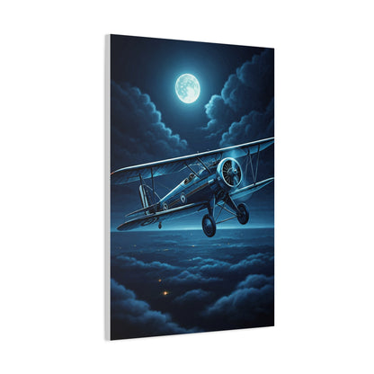 Moonlit Midnight Flight Biplane Wall Art & Canvas Prints