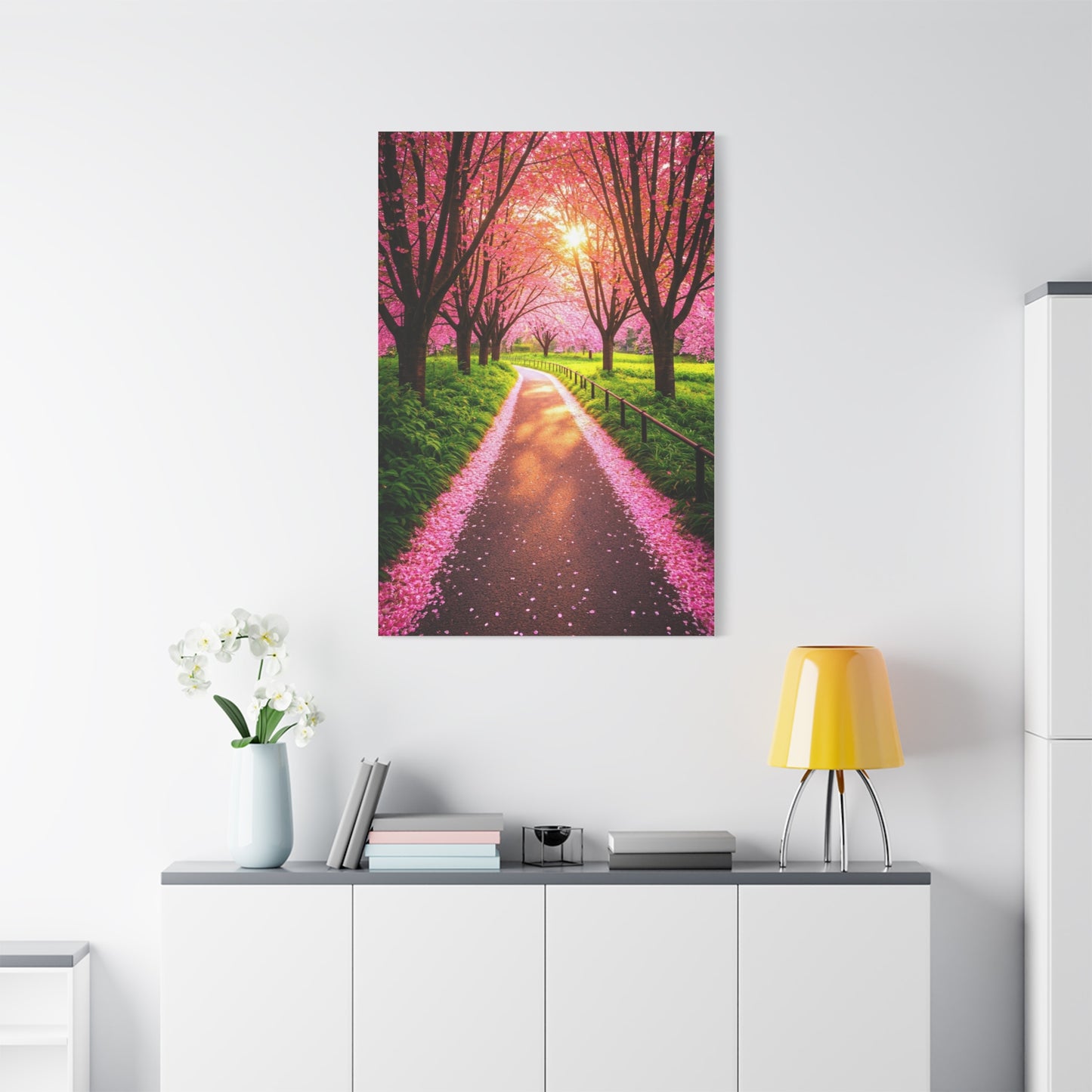 Sakura Forest Path With Sunlight Rays Wall Art & Canvas Prints