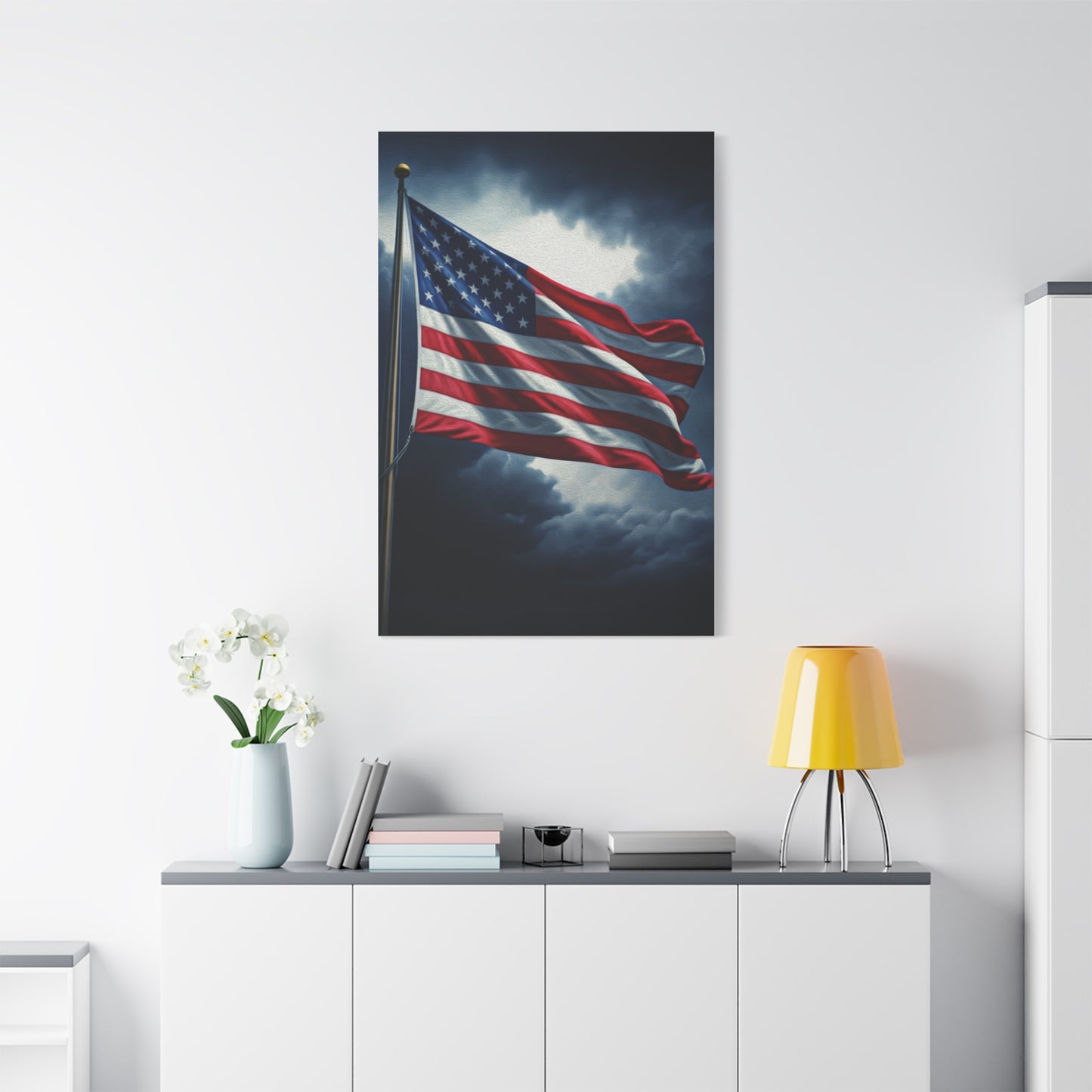 American Flag Against Stormy Skies Wall Art & Canvas Prints