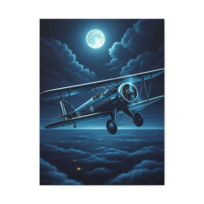 Moonlit Midnight Flight Biplane Wall Art & Canvas Prints