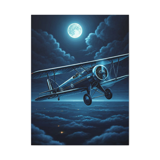 Moonlit Midnight Flight Biplane Wall Art & Canvas Prints