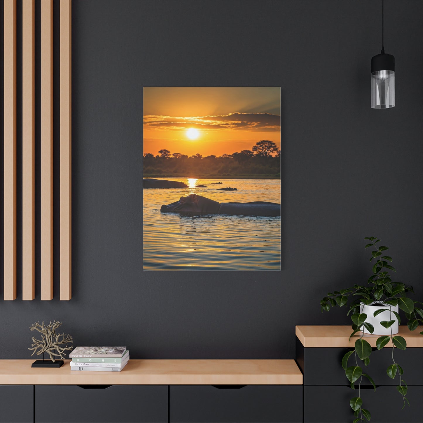 Hippo Resting at Sunset Waters Wall Art & Canvas Prints