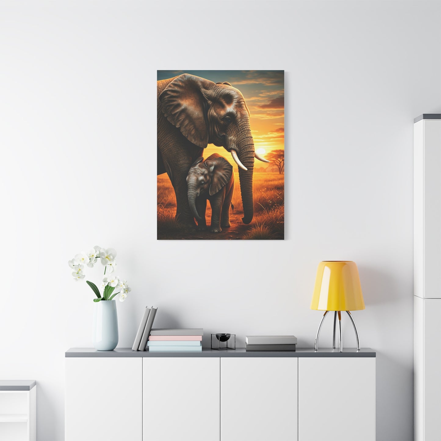 Elephant Mother and Calf at Sunset Wall Art & Canvas Prints