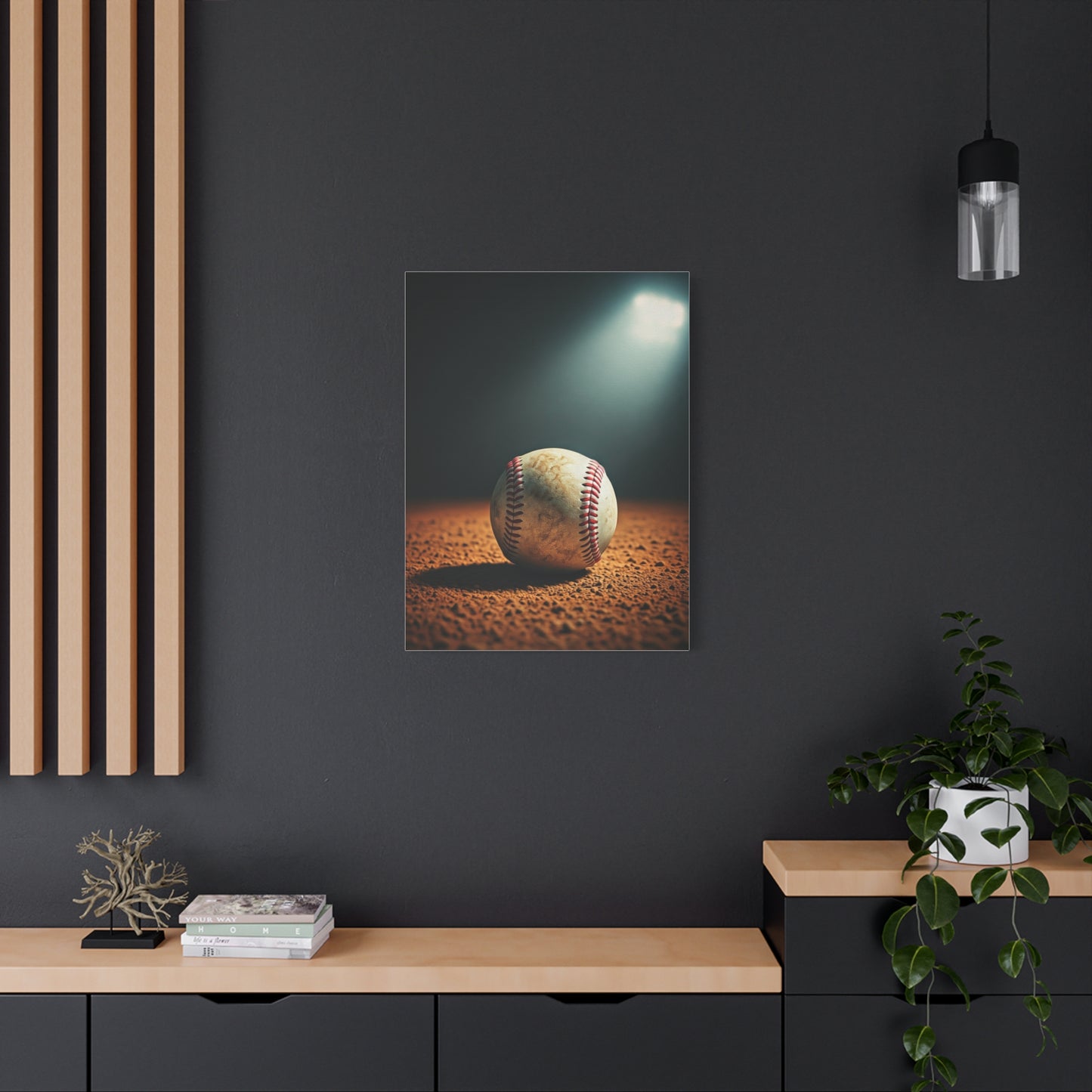 Baseball on Dirt Field Under Stadium Light Wall Art & Canvas Prints