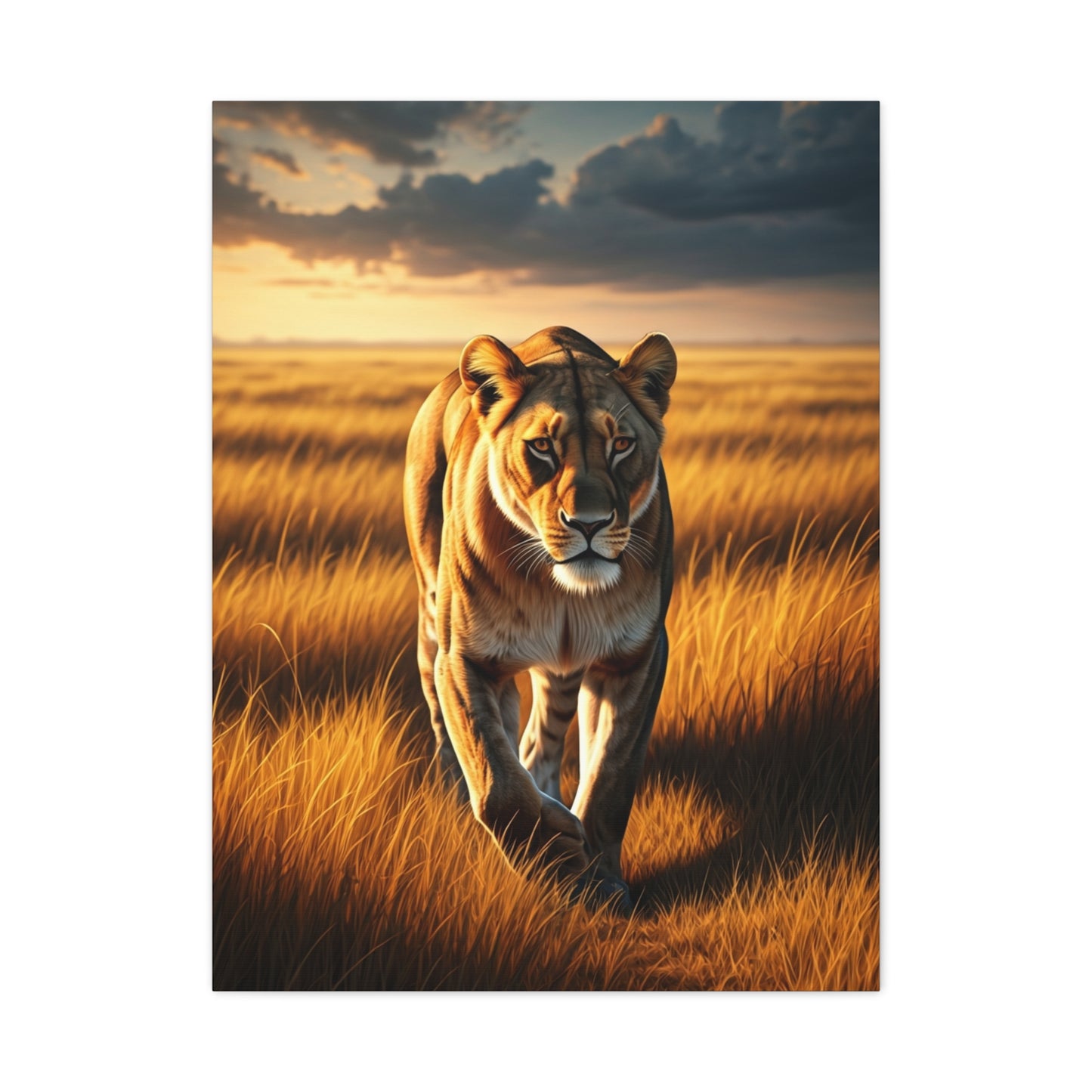 Majestic Lion Walking Through Savannah Grass Wall Art & Canvas Prints