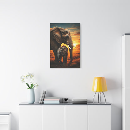 Elephant Mother and Calf at Sunset Wall Art & Canvas Prints
