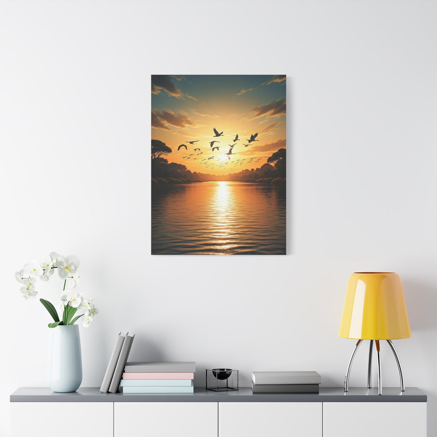 Birds in Flight Over Radiant Ocean Sunset Wall Art & Canvas Prints
