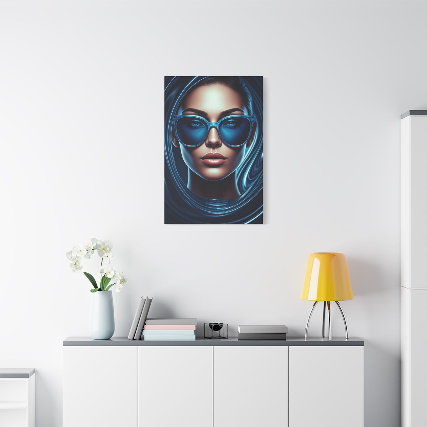 Futuristic Blue Portrait with Reflective Glasses Wall Art & Canvas Prints
