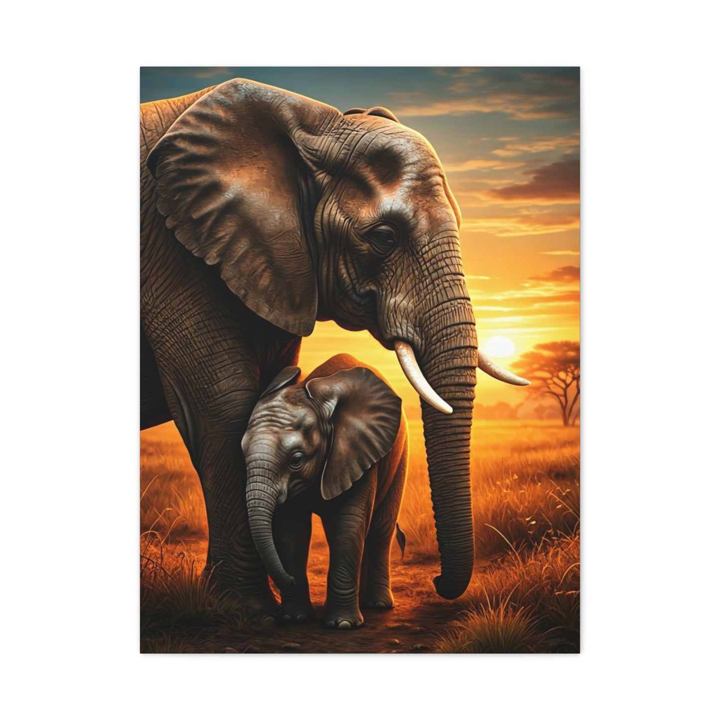 Elephant Mother and Calf at Sunset Wall Art & Canvas Prints